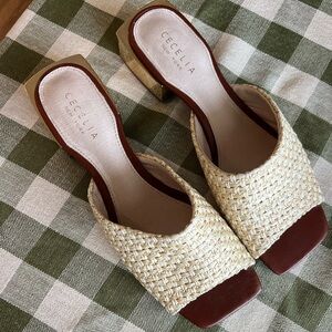 Cecelia New York Woven Brown and Gold Block Heels